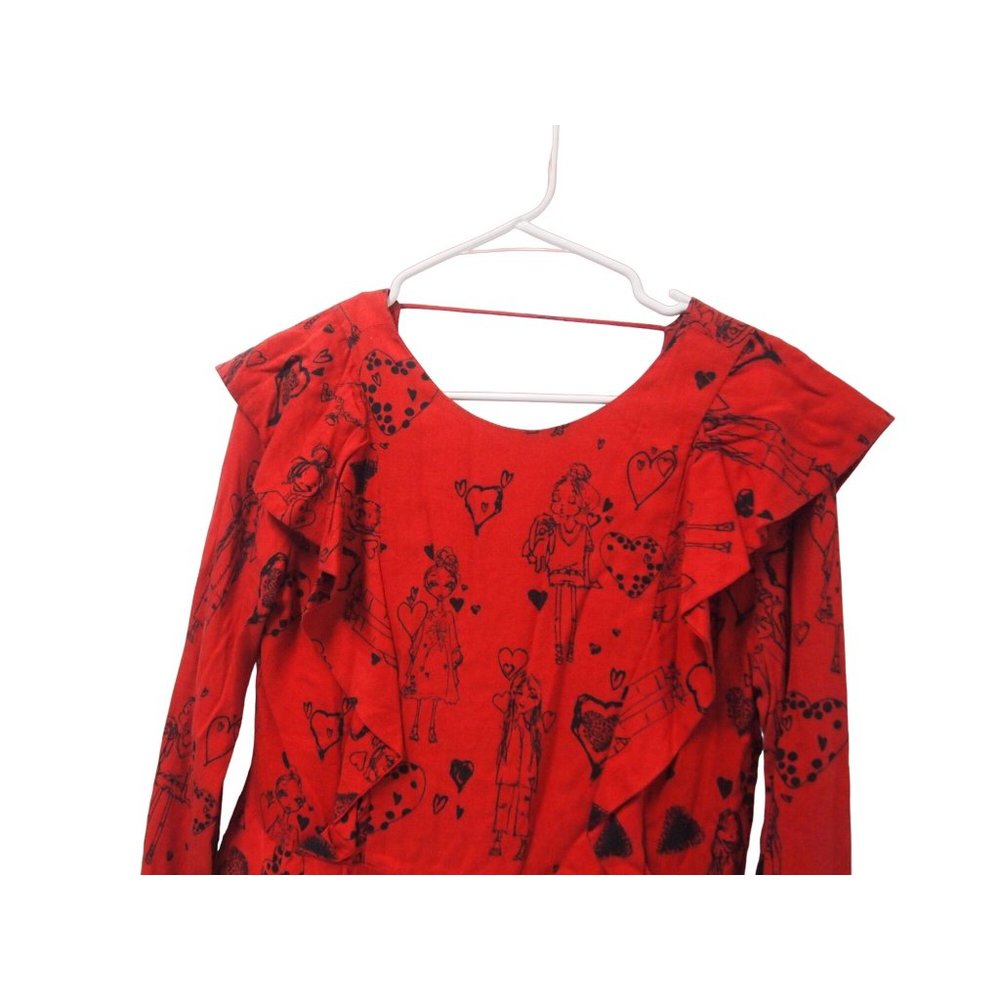 Zara Trafaluc Womens Top XS Red Anime Cartoon Drawings Print Ruffle Long Sleeve - Picture 4 of 6